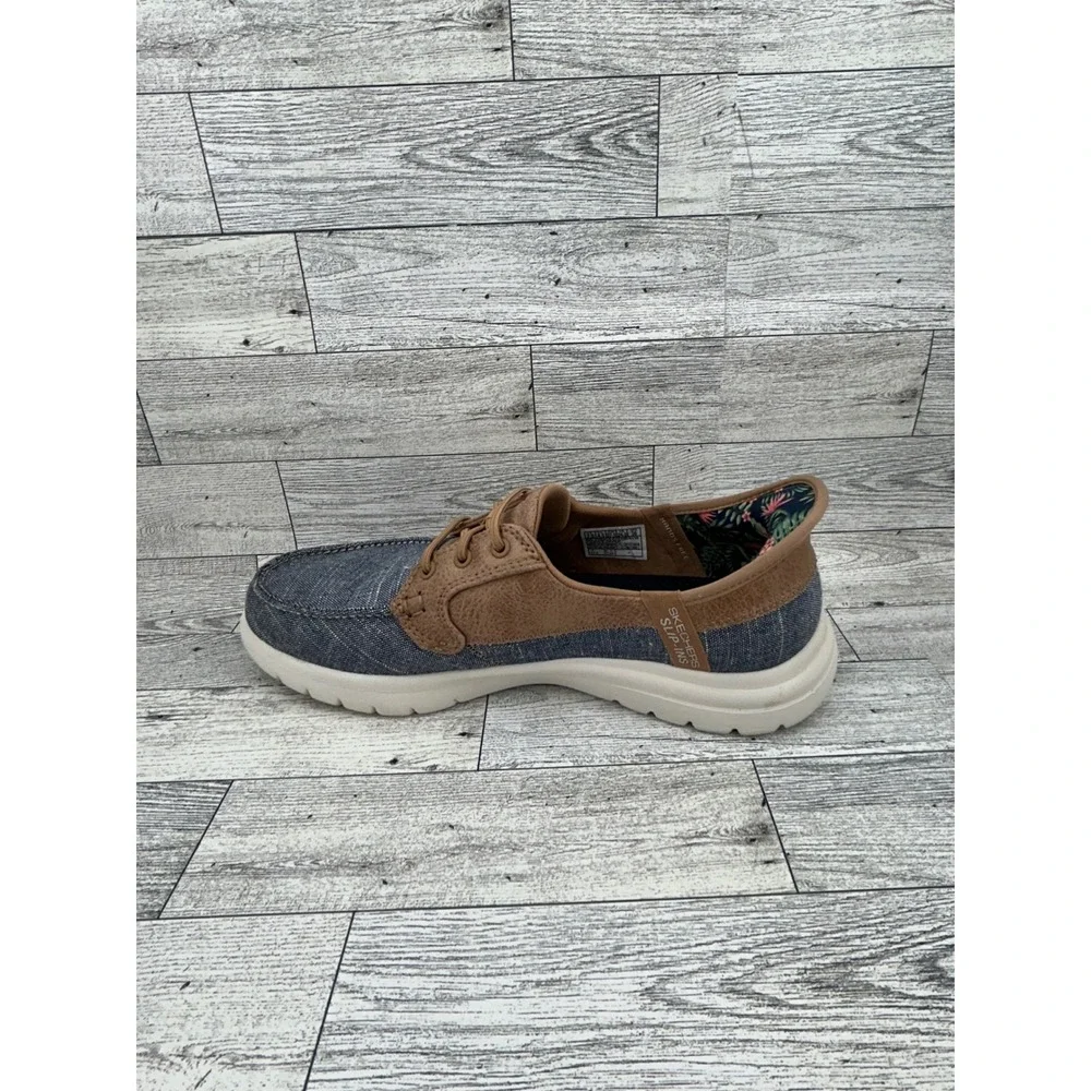 Skechers Slip-ins On-the-GO Ideal Navy Tan Boat Shoes 138215 Women Sz 7.5‎